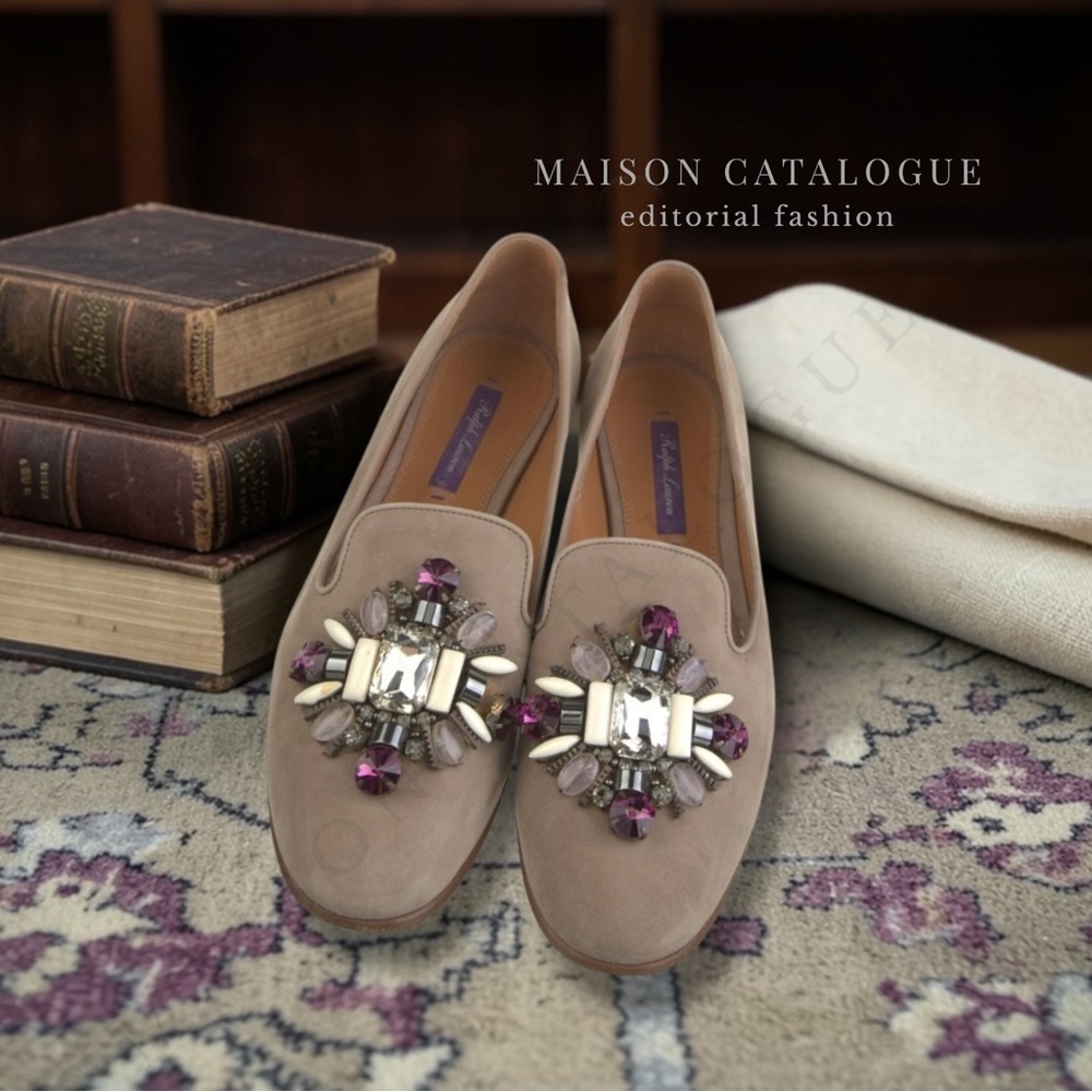 Ralph Lauren Collection Pre Fall 2016 Crystal Embellished Taupe Suede Loafer